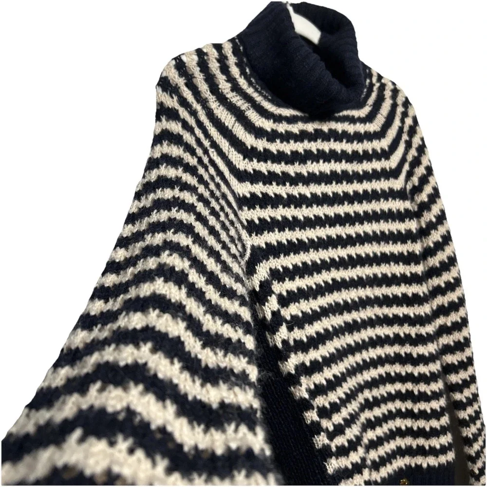 Tory Burch Wool Blend Turtleneck Sweater Navy Cream Stripe Gold TB Logo Sz Large